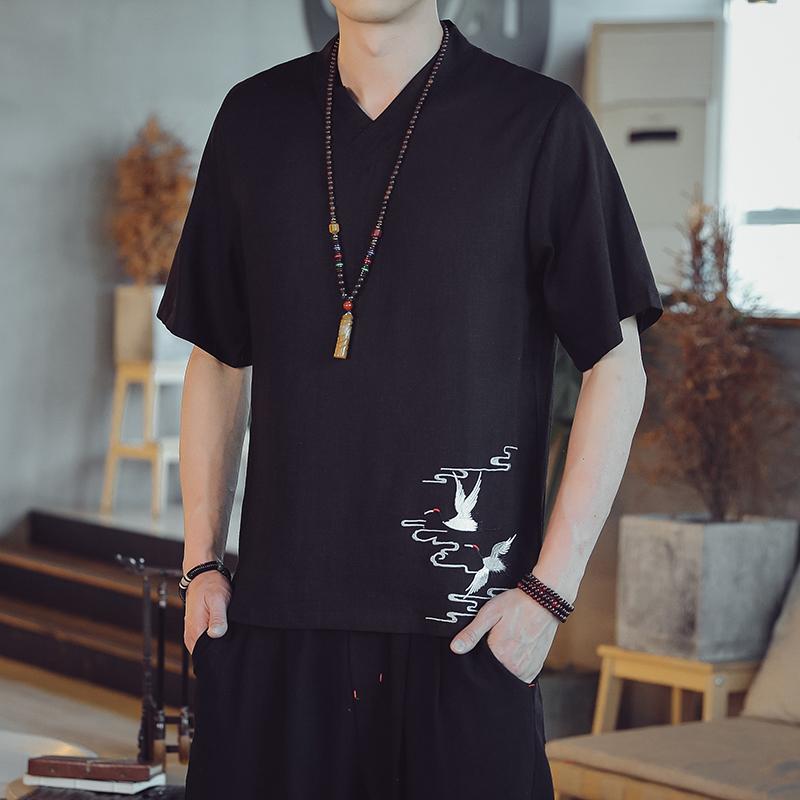 tシャツ 中国風 チャイナ風 メンズ 夏 鶴 刺繍 リネン 半袖 Tシャツ メンズ チャイナ風 ゆったり 大きめサイズ 綿麻 プレート ボタン 五分袖 Tシャツ
