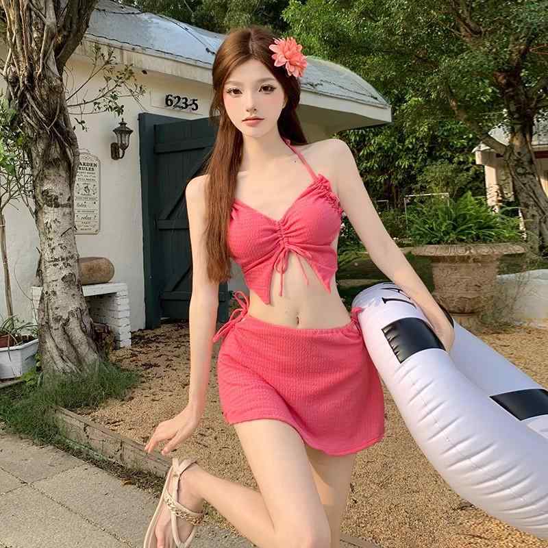 水着 ビキニ 3点 魅惑 ローズレッド ネット 温泉 Vネック レディース 海 プール レジャー 海水浴 夏 スイムウェア