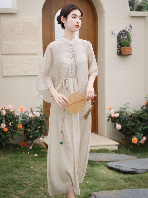 レディース ファッション フェアリー チャイナ風 レトロ チャイナドレス ハイウエスト パフスリーブ 半袖 シースルー 透け感 夏 Aラインスカート フリル ロング丈 レディース パーティー