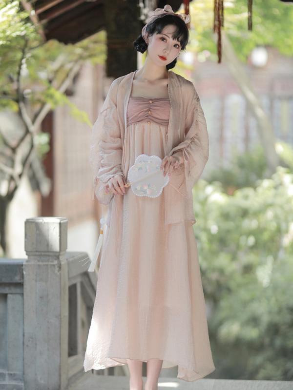 レディース レトロ 衣装 漢服 フェアリー チャイナ風 日焼け防止 カーディガン ピンク サスペンダー スカート 2点セット 清楚 撮影衣装