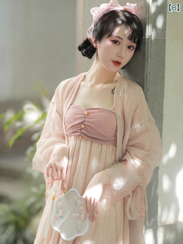 レディース レトロ 衣装 漢服 フェアリー チャイナ風 日焼け防止 カーディガン ピンク サスペンダー スカート 2点セット 清楚 撮影衣装