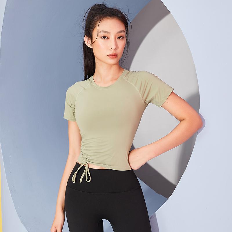 レディース 夏 ヨガ 巾着 半袖 ランニング スポーツ トップス タイトフィット ピラティス トレーニング フィットネス 吸湿性 速乾 通気性
