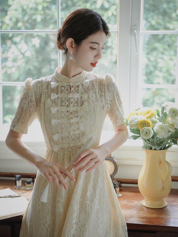 レディース ワンピース ドレス レトロ フリル シフォン レース ガーリー 夏 中国 チャイナドレス風