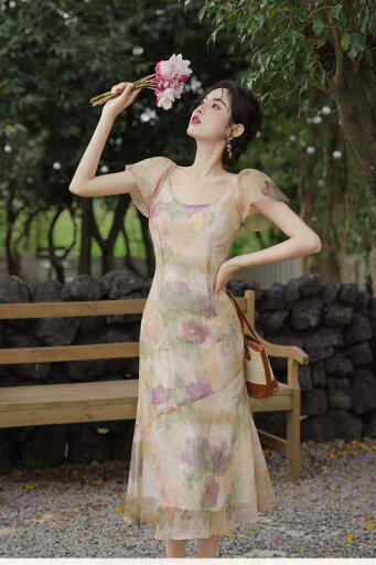 レディース 婦人服 ワンピース ドレス レトロ フリル シフォン 夏 フェアリー 油絵 タイトめ エレガント レディース 婦人服 ワンピース ドレス レトロ フリル シフォン 夏 フェアリー 油絵 タイトめ エレガント
