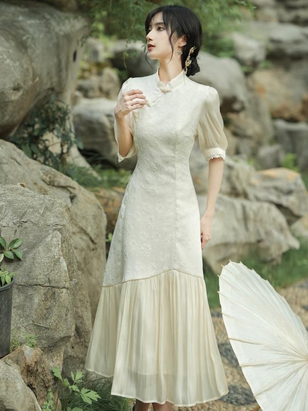 レディース 婦人服 ワンピース ドレス レトロ フリル シフォン チャイナドレス 中国 ショール セット 夏