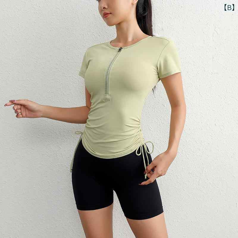 ハーフ ジップ スポーツ 半袖 レディース ランニング トレーニング 速乾 トップス 通気性 スリム 巾着 フィットネス Tシャツ ヨガ ウェア 夏 吸湿発散性 ストレッチ タイト