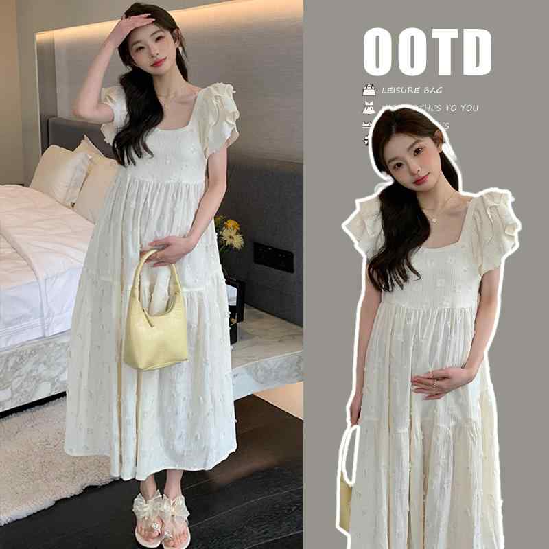 マタニティウェア 夏服 ファッション 重厚 立体 花 フライング スリーブ ロング スカート スーパー フ..