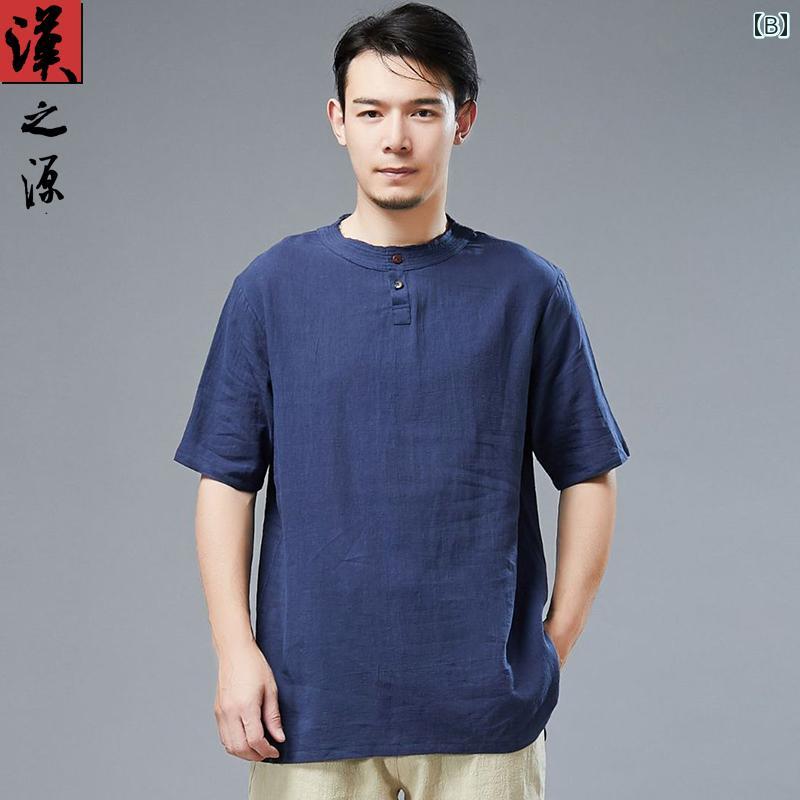 チャイナ風 綿 リネン 半袖 メンズ レトロ ラウンドネック Tシャツ 夏 薄手 カジュアル トップス リネン Tシャツ
