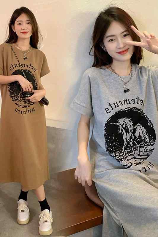 マタニティ 夏 ロングスカート 綿 半袖 薄手 優しい ドレス ラウンドネック ミモレ丈