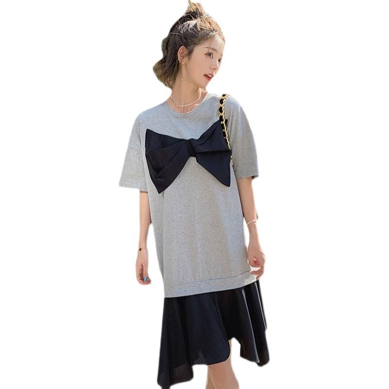 マタニティ 夏トップス 夏 ドレス 夏 薄手ラウンドネック チェック ミモレ丈 リボン