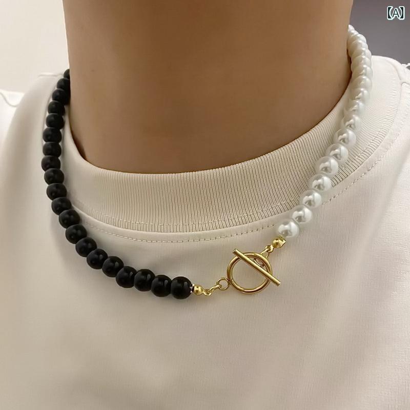 Rakuten - ネックレス HIPHOP ジュエリー ユニセックス バックル 黒瑪瑙 白 パール メンズ レディース チェーン 黒 白 パール チェーン クール ペンダント