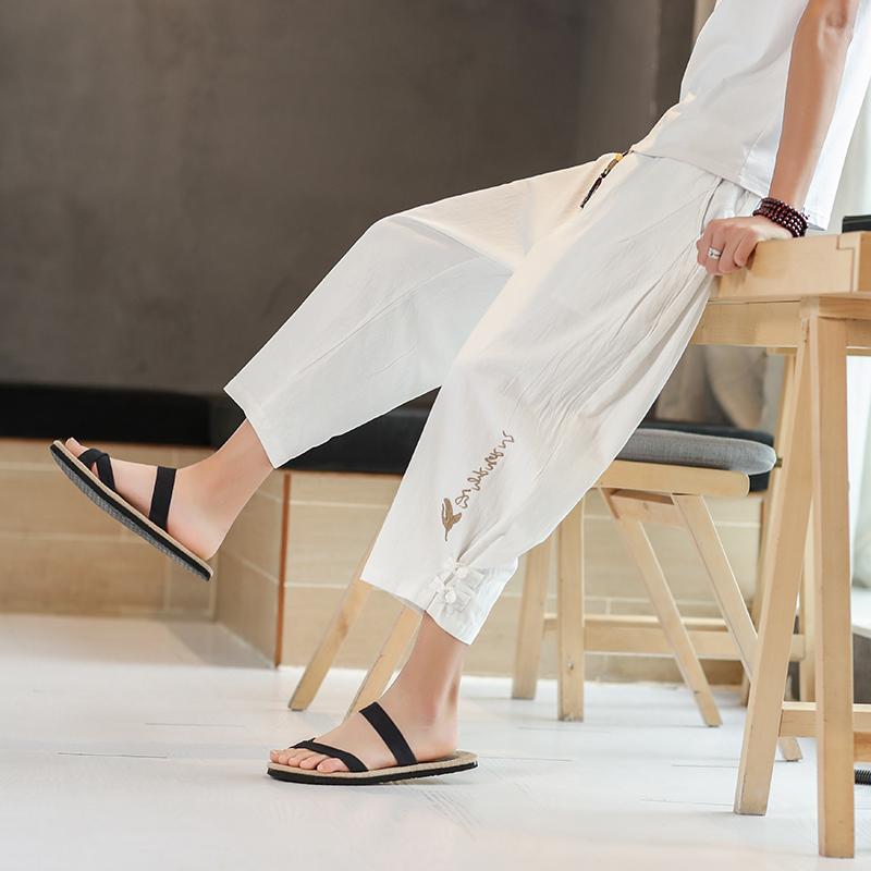 メンズ パンツ ズボン リネン クロップドパンツ チャイナ風 夏 大きめサイズ ストレート ワイドレッグパンツ レトロ バックル コットン リネン クロップドパンツ