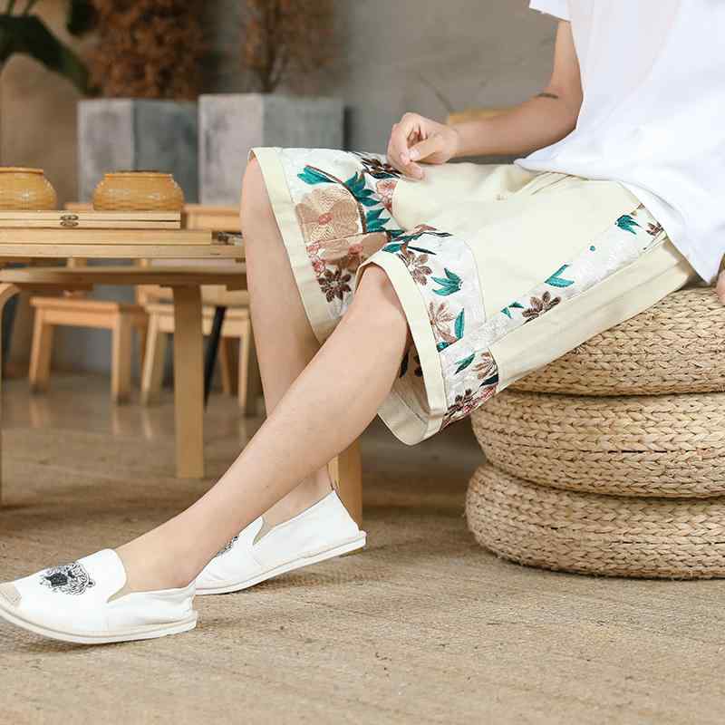 メンズ パンツ ズボン チャイナ風 夏 刺繍 ショーツ チャイナ風 ゆったり 大きめサイズ カジュアルショーツ 綿麻 五分丈 パンツ スポーツパンツ