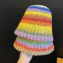 帽子 レインボー 麦わら 帽子 レディース 夏 韓国 旅行 日焼け防止 漁師 バケット ハット わら ストライプ フェイスカバー バケット ハット バケハ