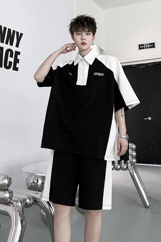 メンズ 夏 白黒 コントラスト 半袖 ジッパー ポロシャツ ショーツ カジュアル 2点セット ポロシャツ