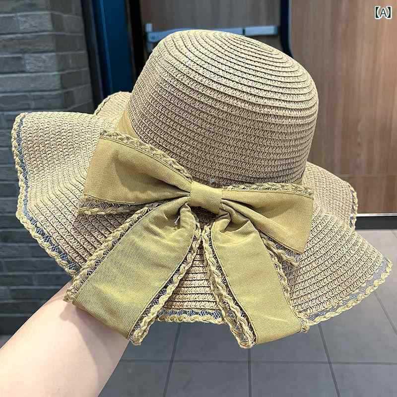 帽子 レディース 夏 日焼け防止 麦わら帽子 夏 屋外 蝶ネクタイ 旅行 つば広 レジャー