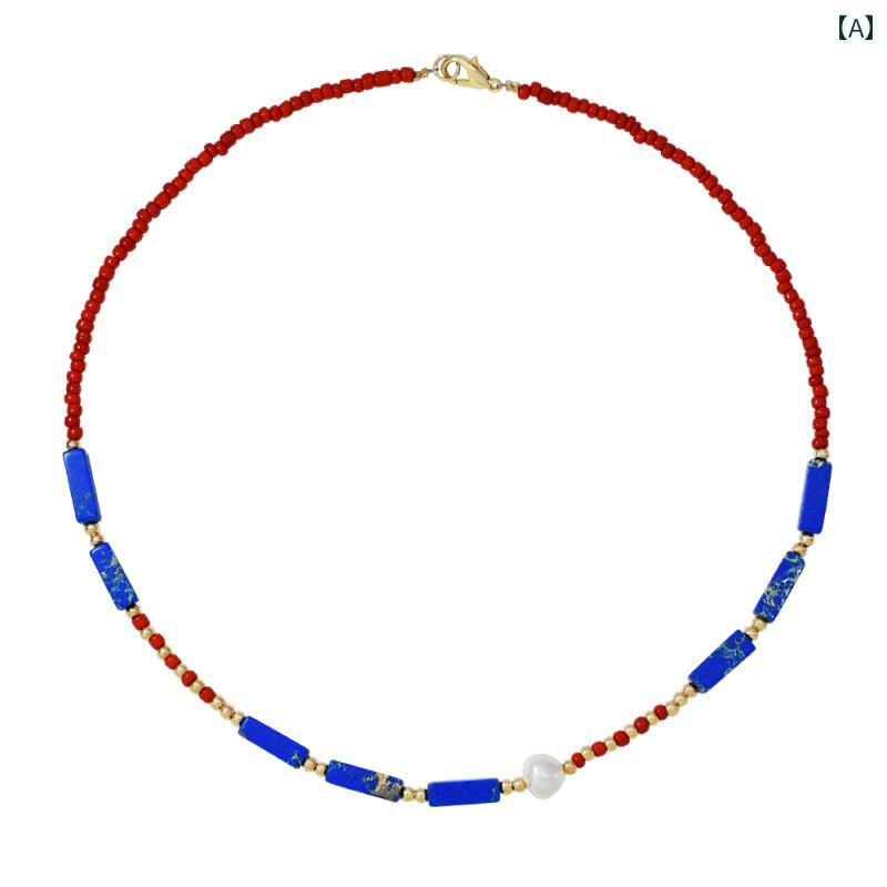 ネックレス レディース エスニック 夏 鎖骨 チェーン 小さめ さわやか ペンダント ビーズチョーカー アクセサリー 人口宝石