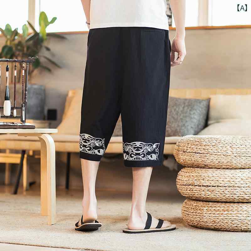 メンズ チャイナ風 夏 薄手 刺繍 綿 リネン クロップドパンツ レトロ ル ー ズ パンツ 大きめサイズ ストレート プリント ストライプ