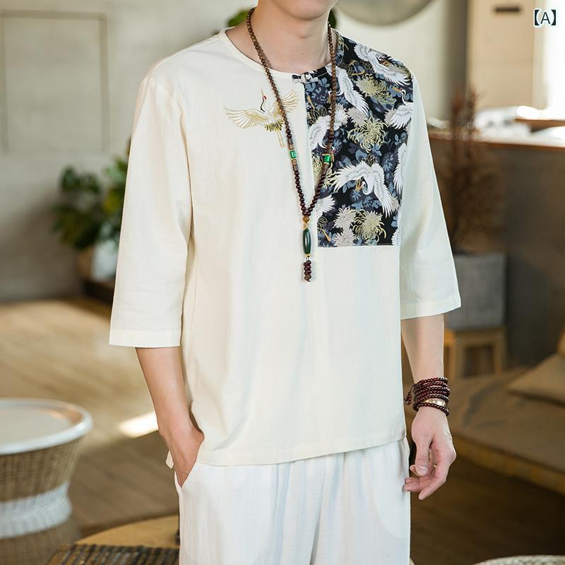 メンズ リネン 四分袖 Tシャツ 夏 薄手 レトロ 半袖 チャイナ風 大きめサイズ 綿 リネン Tシャツ ラウンドネック