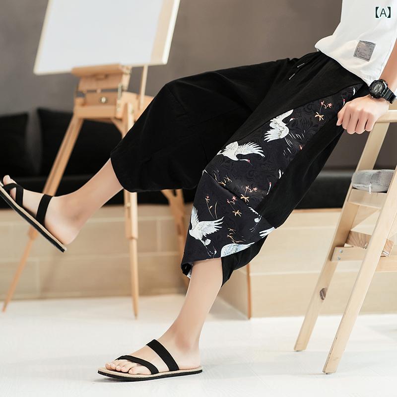 メンズ 夏 綿 リネン ビーチ パンツ ゆったり 大きめサイズ クロップドパンツ リネン ワイドレッグ タイ ー