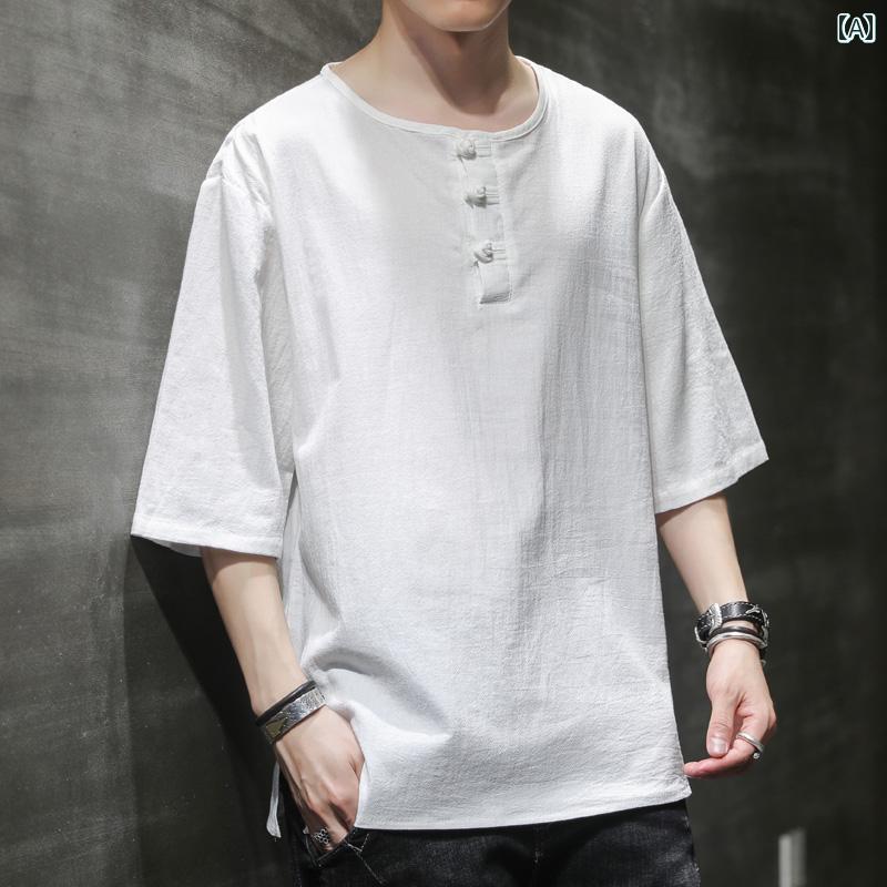 トップス メンズ チャイナ風 綿 リネン プレート ボタン 半袖 Tシャツ レトロ 唐 スーツ 夏 大きめサイズ リネン 七分袖 ゆったり