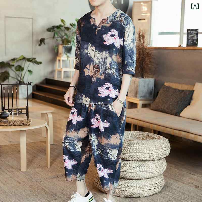 メンズ 夏 チャイナ風 リネン プリント 半袖 Tシャツ スーツ レトロ 唐 スーツ エスニック 綿 リネン 2点 セット 七分袖