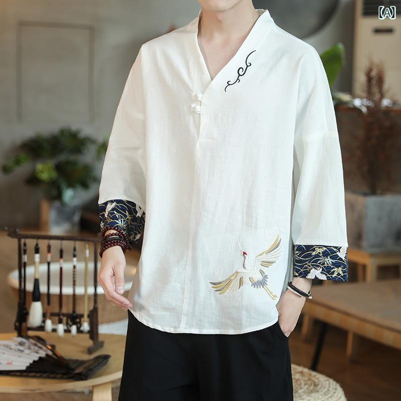 レトロ 刺繍 唐装 漢服 メンズ チャイナ風 夏 薄手 綿 リネン 半袖 Tシャツ 大きめサイズ 七分袖 Tシャツ Vネック