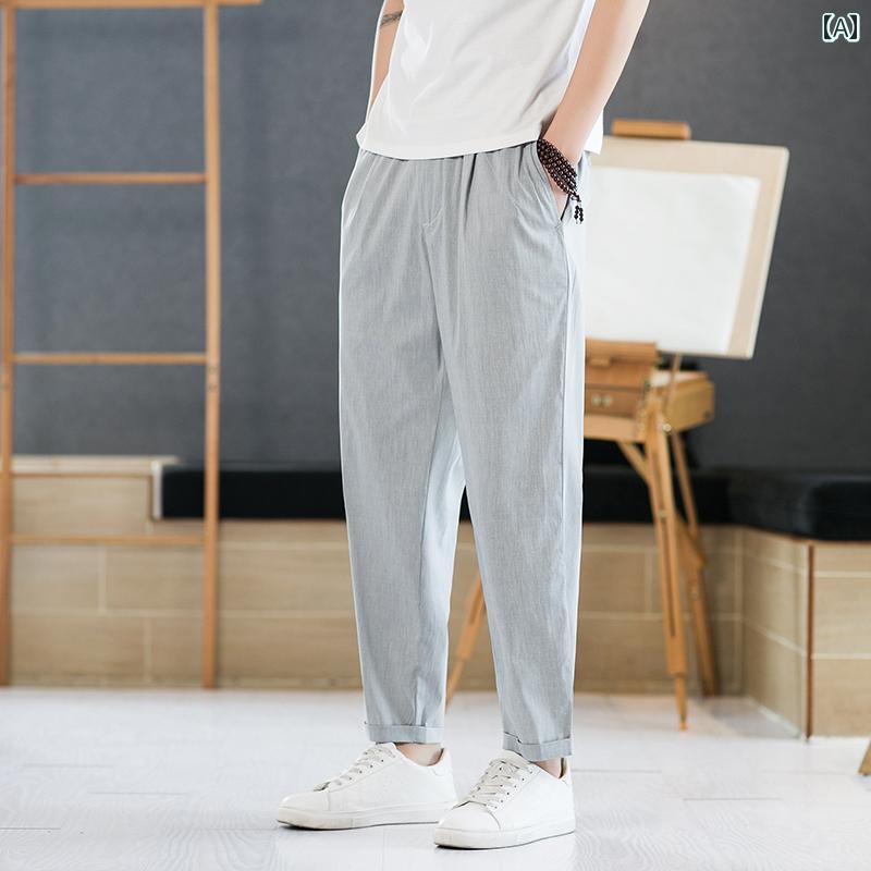 メンズ リネン クロップド パンツ チャイナ風 夏 薄手 綿麻 ストレート パンツ レトロ ゆったり パンツ メンズ 大きめサイズ ズボン