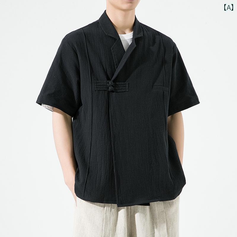 メンズ チャイナ 風 斜め ジャケット チャイナ風 夏 薄手 綿麻 半袖 シャツ 漢服 ゆったり 大きめサイズ ジャケット