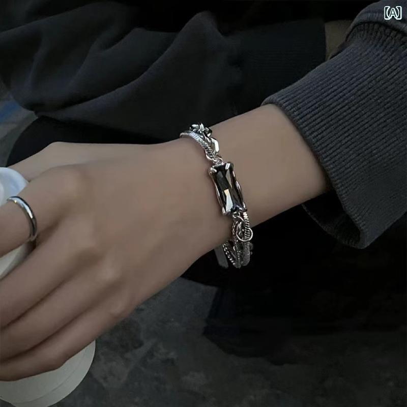 レディース アクセサリー チタン鋼 ブラック ストーン カップル ブレスレット 夏 クール ヒップ ホップ..