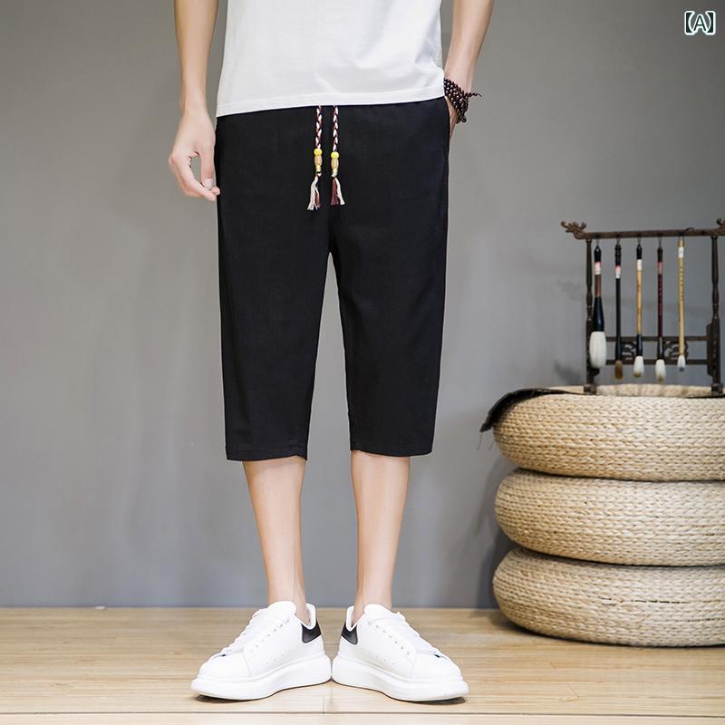 メンズ 夏 薄手 中国 綿 クロップドパンツ ストレート ミドル パンツ 大きめサイズ リネン ビーチ パンツ カジュアルショーツ