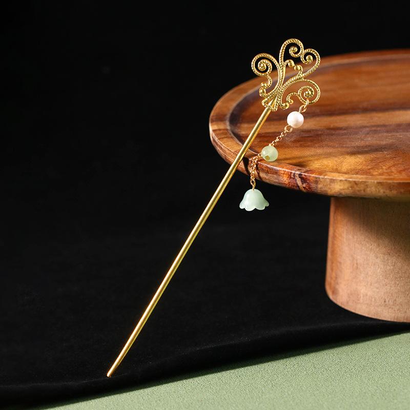 夏 チャイナ風 メタルプレート ヘア シェイク シンプル タッセル パール 蘭 花 チャイナ風 簪