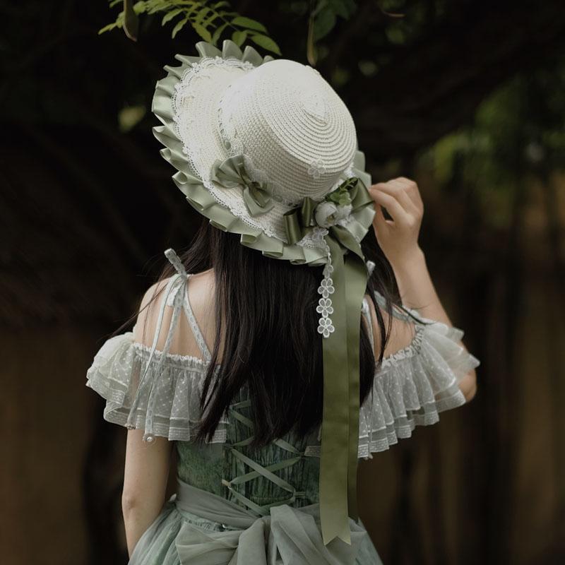 田舎 森 女の子 油絵 平ら 帽子 草 ロリータ 麦わら リボン 太陽 麦わら 春夏秋 ハット