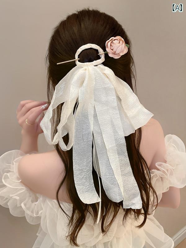 レディース ヘアアクセサリー フェアリー メッシュ リボン 夏 花 ヘアピン レトロ リボン 頭飾り