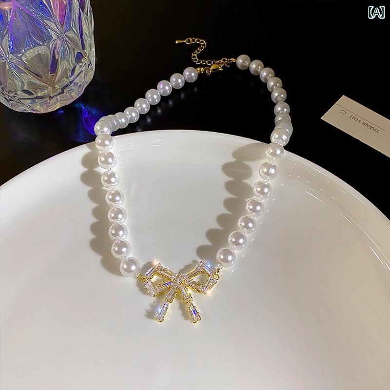 ネックレス レディース かわいい アクセサリー オールシーズン 韓国 フレンチ レトロ パールリボン チ..