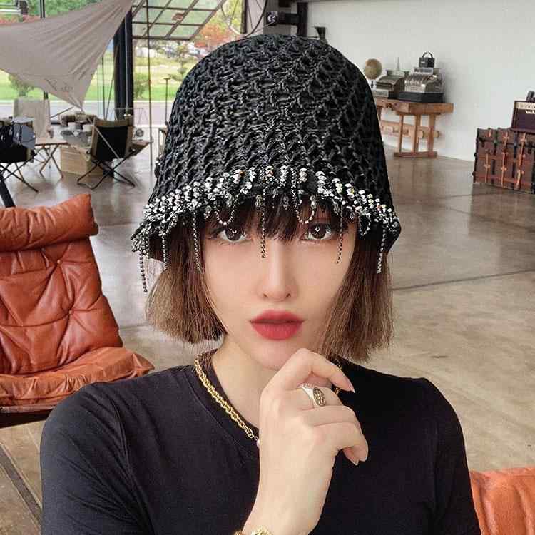 タッセル フィッシャーマンハット レディース 麦わら帽子 日焼け防止 バケットハット サンシェードハット ラインストーン