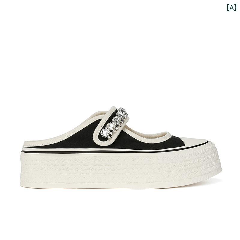 スニーカー レディース 靴 夏 厚 メリージェーン キャンバス シューズ フラット ヒール ブラック オフ..