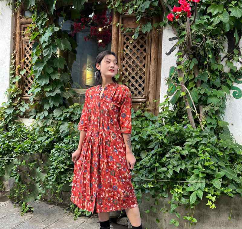 インド インディゴ 五分袖 プリント コットンドレス 夏 藍染め ホリデー フォトドレス Vネック ゆった..