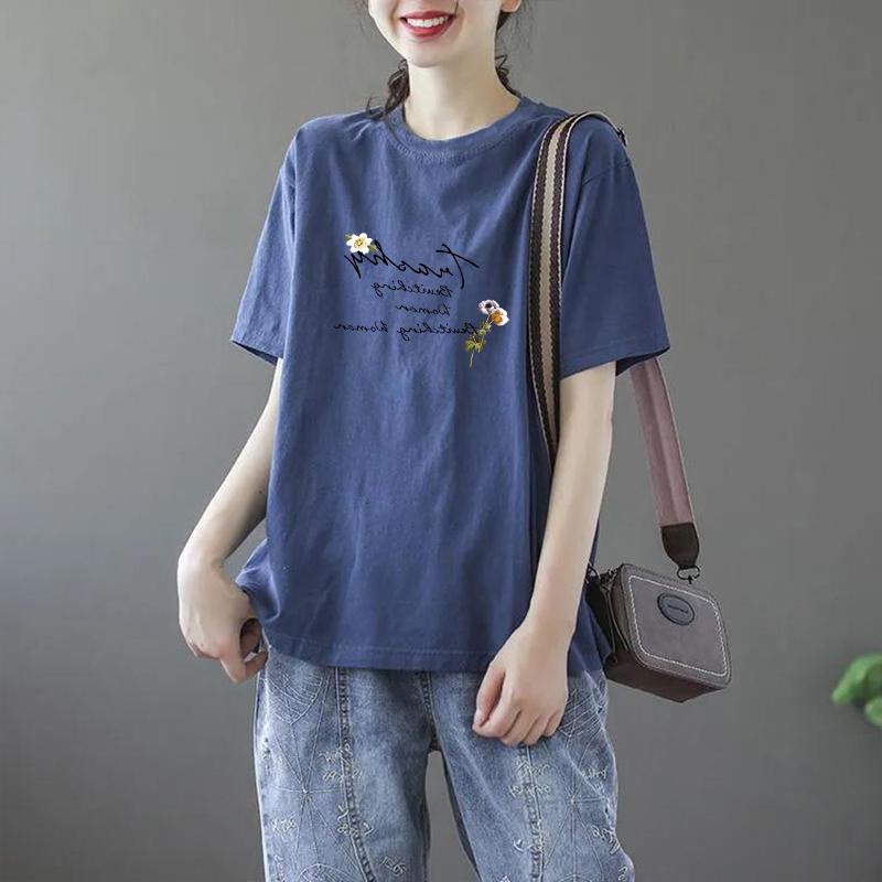 レディース ファッション カジュアル 婦人服 フランス シングルシャツ ラウンドネック 半袖Tシャツ 大きめサイズ 夏 トップス