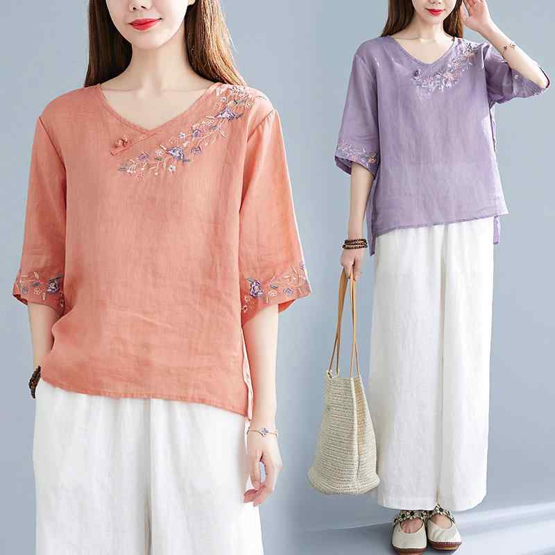 レディース ファッション カジュアル 婦人服 刺繍 リネン トップス 夏 レトロ バックル 大きめサイズ ..
