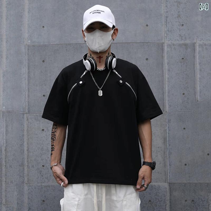 ジッパー Tシャツ 半袖 メンズ 夏 ストリート 性 レディース ラウンドネック ホワイト ブラック