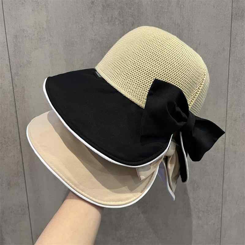 レディース 帽子 韓国 ストロー ボウ フィッシャーマン ハット 夏 つば広 日焼け防止 サンシェード バケット