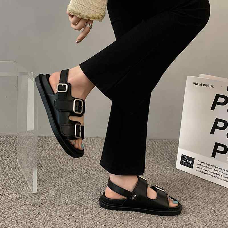 サンダル ブラック 厚 レディース 夏 ブラック ビーチ ローマンシューズ ミドルヒール レトロ オープン..