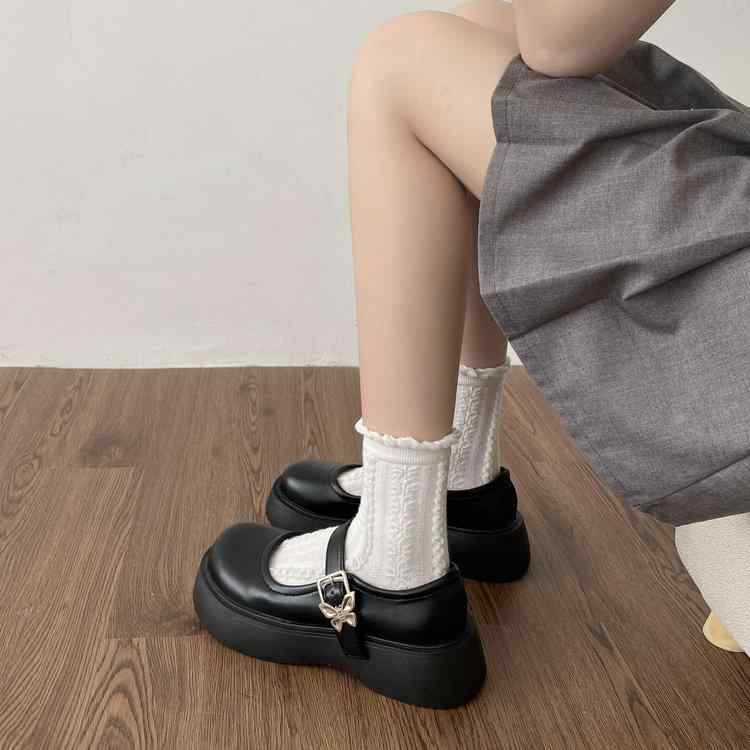 黒 フレンチ メリージェーン 靴 レディース 夏 薄手 ラウンドトゥ シングル シューズ 学生 革靴 ミドルヒール ラウンドトゥ