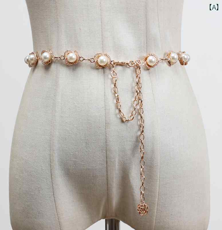 ベルト レディース パール ウエスト チェーン 夏 エレガント 装飾 ドレス 小さめ ベルト 薄手 アクセサリー(4)