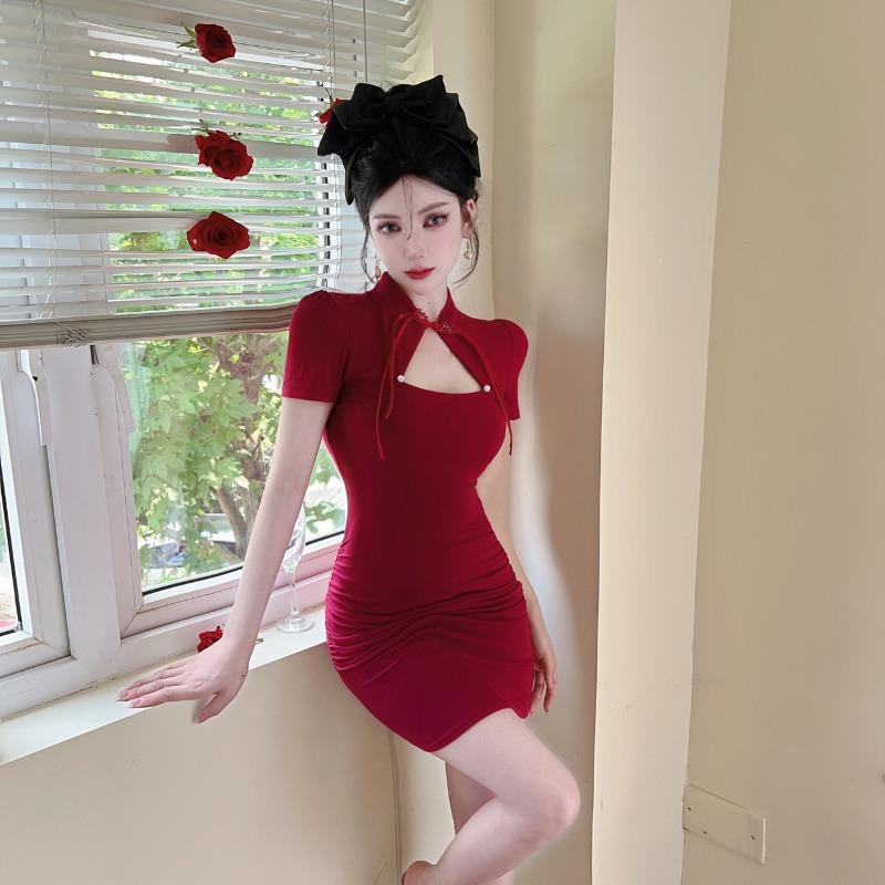 China Dress - レトロ 中華 チャイナドレス 魅惑 半袖 ウエストスリム 春夏秋 半袖 ヒップハグドレス