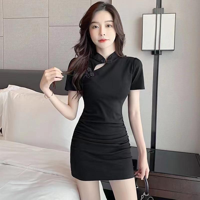 キャバドレス チャイナドレス ヒップカバー 夏 レディース キャバ ニット生地 スタンドカラー ショート丈