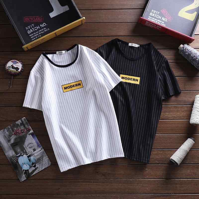 夏 コットン 半袖 Tシャツ 男 女子 韓国 スリムフィット プリント ストライプ ホワイト