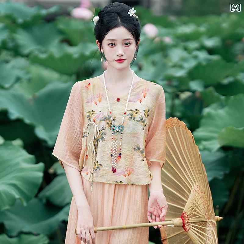 唐服 セットアップ レディース 中国風 瞑想 漢服 夏 清涼感 軽やか カーキ スカート ロング丈 トップス