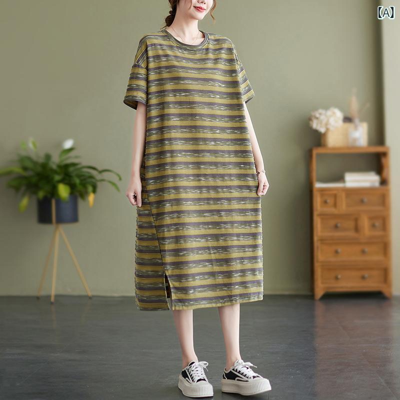 乐天商城 - レディース 婦人服 シャツ ワンピース 薄手 夏 カジュアル 大きいサイズ 普段使い生活 ショッピング レジャー ボーダー